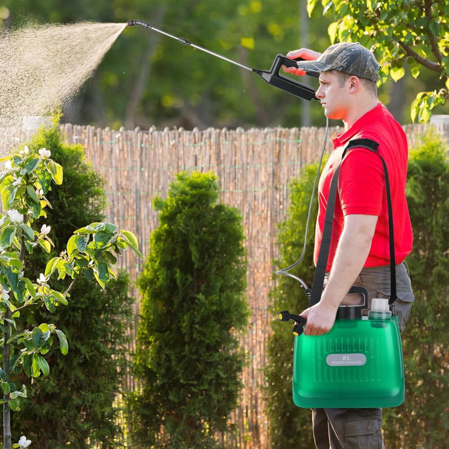 Ramarmro Battery Powered Sprayer 2 Gallon, Electric Sprayer with 4 Mist Nozzles, USB Rechargeable Handle, 32in telescopic Wand, Garden Sprayer with Adjustable Shoulder Strap for Lawn, Garden, Cleaning