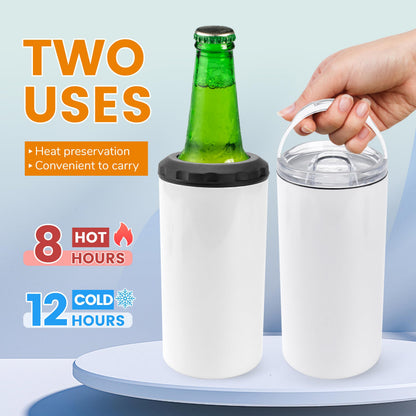 Joyclub 4 Pack 16oz Sublimation Beer Can Cooler Blanks 4 in 1 Stainless Steel Cups Double Wall Insulated Tumblers with Splashproof Lid, Non-slip Silicone Base