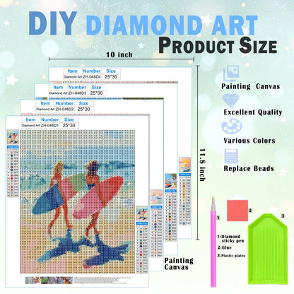 XUNLURY Pastel Ocean Beach Diamond Art Kits 4 Pcs, Summer Beach Surfer Girls Sunset Diamond Painting Kits for Adults Beginners, Full Drill Diamonds Dots for Home Decor, 9.8x11.8 Inch