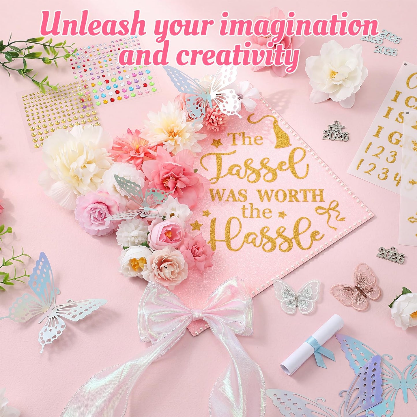 Dunzoom Pink 80 Pcs DIY Graduation Cap Decorations Kit Faux Flower Heads 3D Butterfly Stickers Bow Pearl Rhinestone Stickers Glitter Paper and Ribbon Bows for 2026 Grad Cap Topper Graduation Party