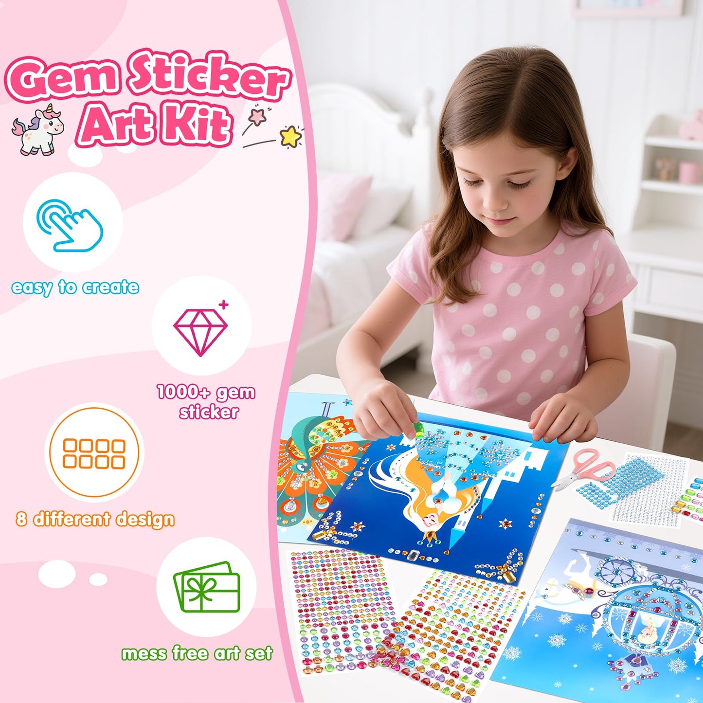Gem Art Sticker Kit, Arts and Crafts for Kids Age 4-12, 8 Unicorn Princess Themes Diamond Art Kit, Gemstone Sticker Crafts Christmas Birthday Gifts for Girls Ages 4,5,6,7,8 Year Old