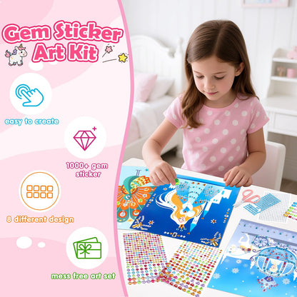 Gem Art Sticker Kit, Arts and Crafts for Kids Age 4-12, 8 Unicorn Princess Themes Diamond Art Kit, Gemstone Sticker Crafts Christmas Birthday Gifts for Girls Ages 4,5,6,7,8 Year Old