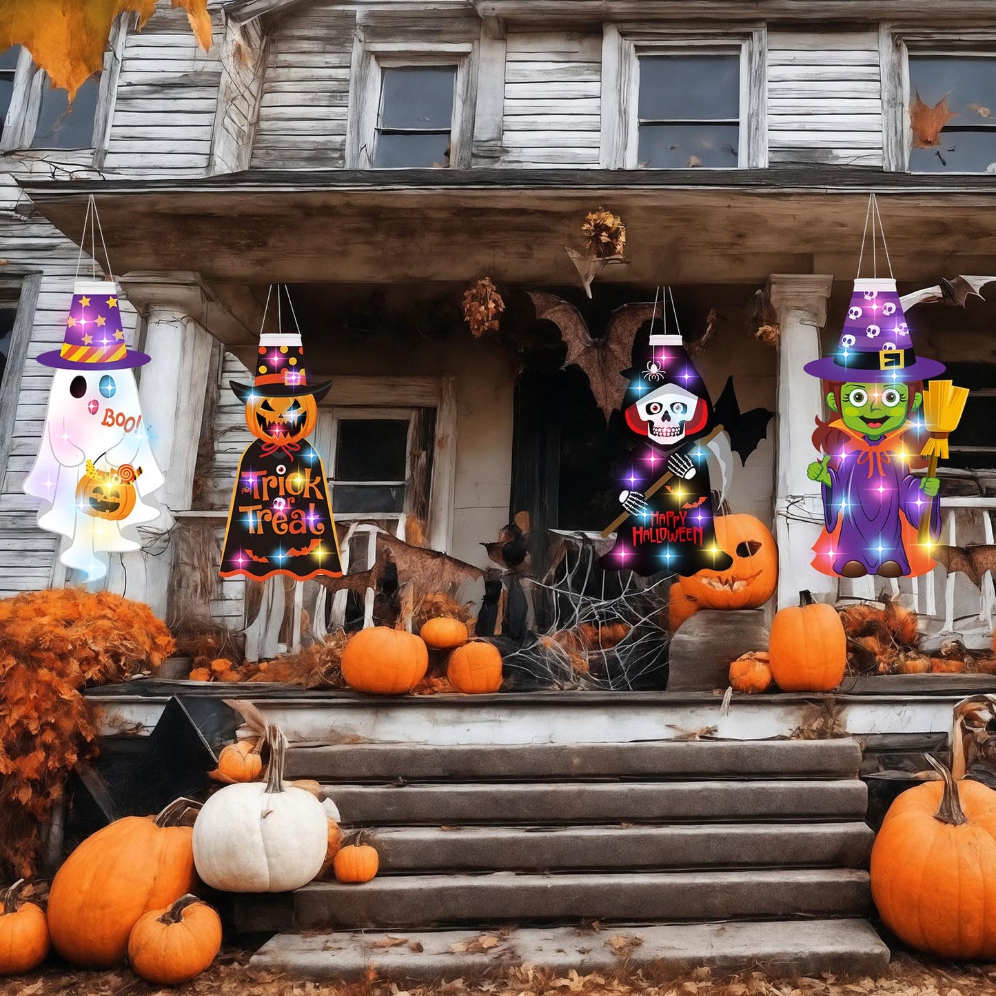 Amyhill 4 Pcs Halloween Windsocks with LED Lights Outdoor Decoration Pumpkin Ghost Skeleton Witch 40 Windsock Flag Hanging Decorations for Yard Tree Porch Garden Patio Halloween Party Supplies