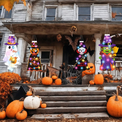Amyhill 4 Pcs Halloween Windsocks with LED Lights Outdoor Decoration Pumpkin Ghost Skeleton Witch 40 Windsock Flag Hanging Decorations for Yard Tree Porch Garden Patio Halloween Party Supplies