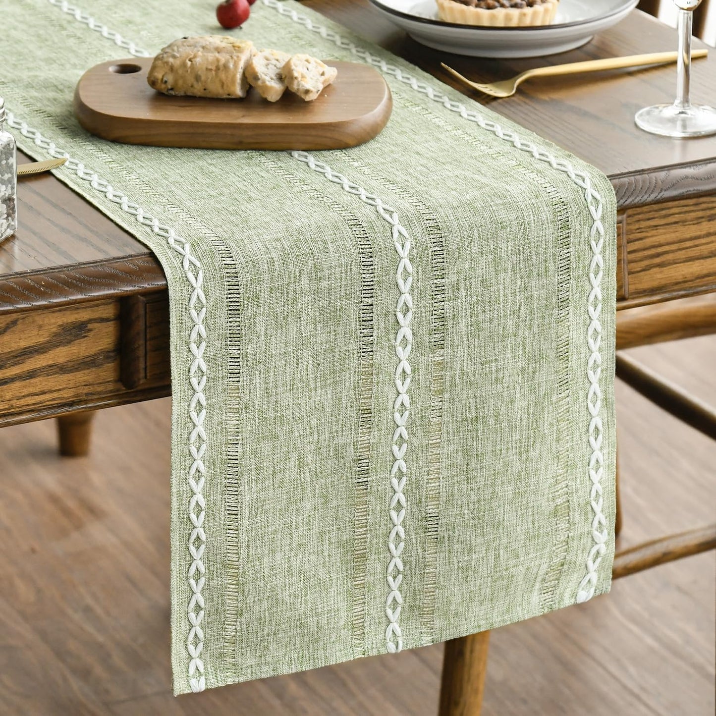 13x72 Inch Artoid Mode Sage Green Rustic Cotton Linen Table Runner, Seasonal Embroidered Hollow Kitchen Dining Table