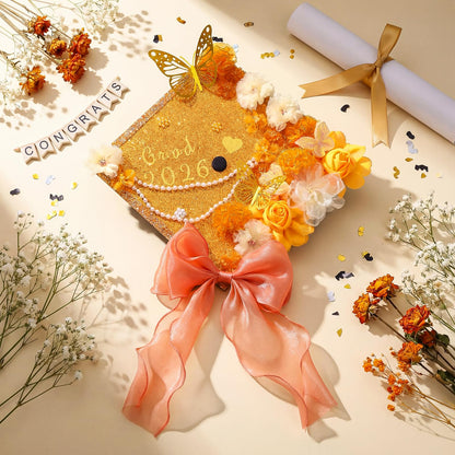 Wavwavw 58 Pcs DIY Graduation Cap Decorations Kit Grad Cap Decor Included Faux Flowers Bow Mesh 3D Butterfly Stickers, Adhesive Rhinestones, Glitter Letter Stickers, for 2026 Grad Party(Orange)