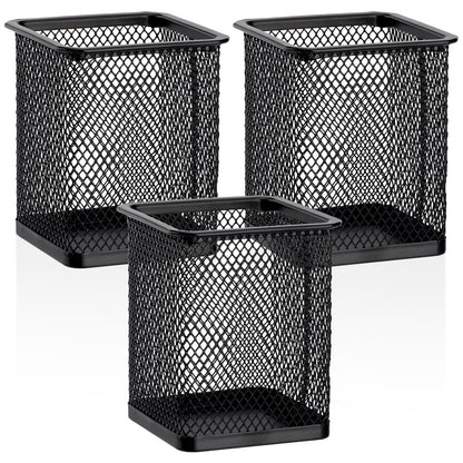 Segarty Square Pen Holder, 3 Pack Black Pen Holder for Desk, Metal Mesh Pencil Cup Container Desktop Accessories Organizer for Office, School, Home, Makeup Brush