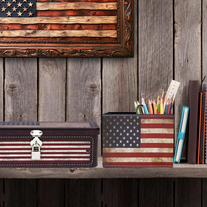 DreamsEden Decorative Storage Box & Pen Holder, Desktop Pen Pencil Cup Organizer Tin Box with Padlock Keepsake Container Office Home Patriotic Decor (American Flag)