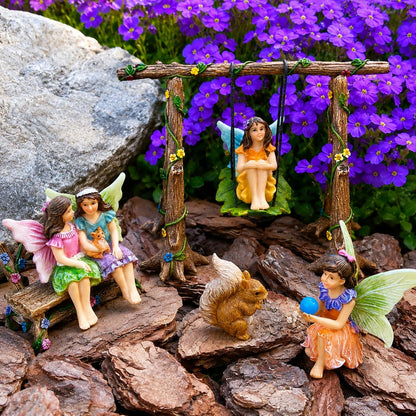 Mood Lab Fairy Garden Figurines with Swing - Miniature Accessories Set (6 pcs) - Outdoor Indoor Garden Decor