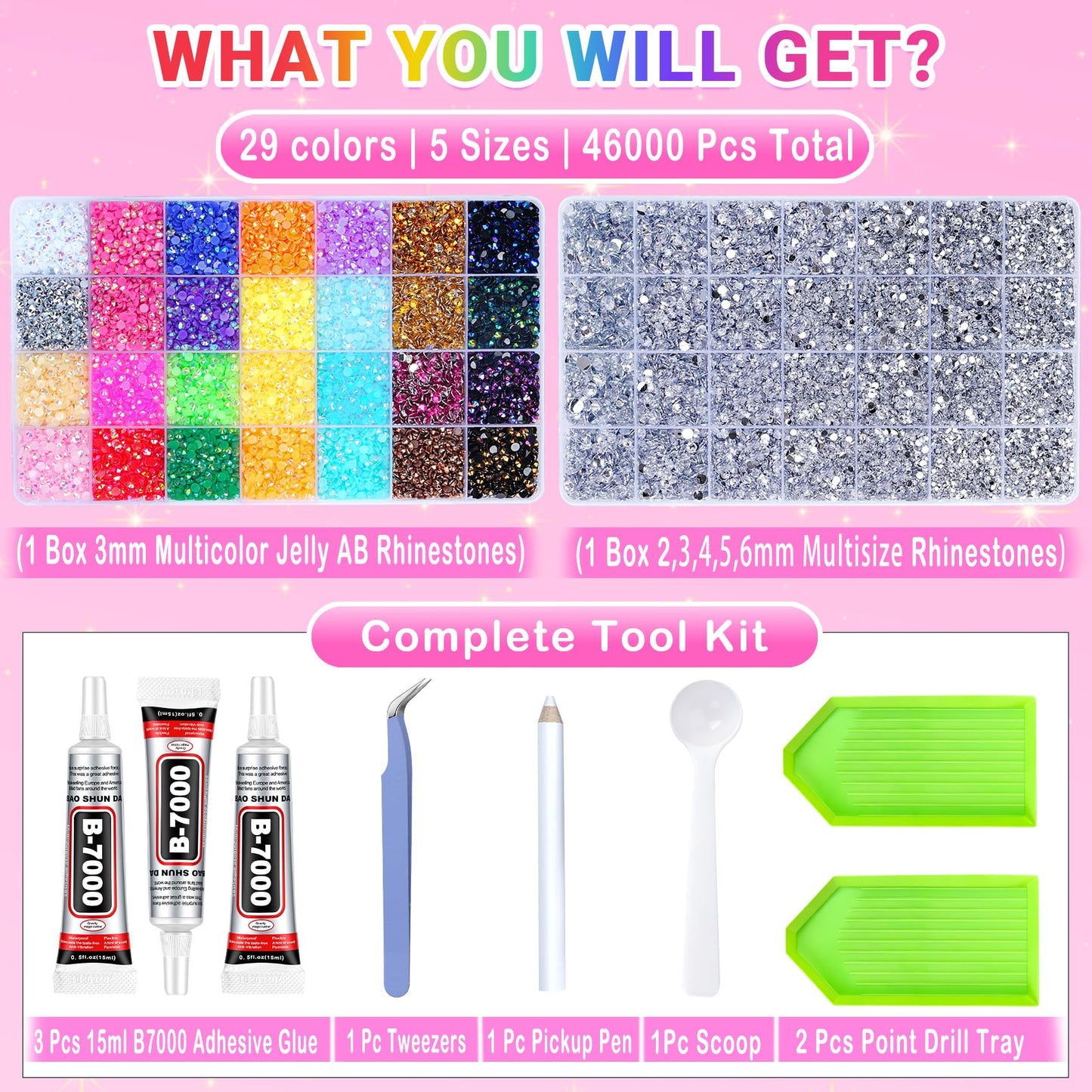 46000Pcs Jelly Rhinestones for Bedazzling, 2 Boxes Multicolor 4mm & Silver Clear 2/3/4/5/6mm Resin Flatback Gems for Crafting, Bedazzler Kit with 3Pcs 15ml B7000 Jewelry Glue for Book Clothes Crafts