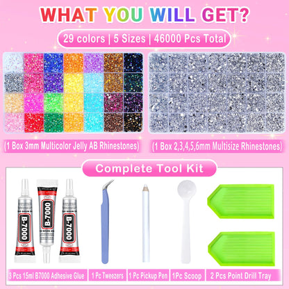 46000Pcs Jelly Rhinestones for Bedazzling, 2 Boxes Multicolor 4mm & Silver Clear 2/3/4/5/6mm Resin Flatback Gems for Crafting, Bedazzler Kit with 3Pcs 15ml B7000 Jewelry Glue for Book Clothes Crafts