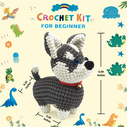 ABOUT RIGHT Crochet Kit Dog for Beginners, 7x6 Inches Husky Amigurumi Kit with Step-by-Step Video Tutorials, All-in-one DIY Animal Crochet Project for All Ages