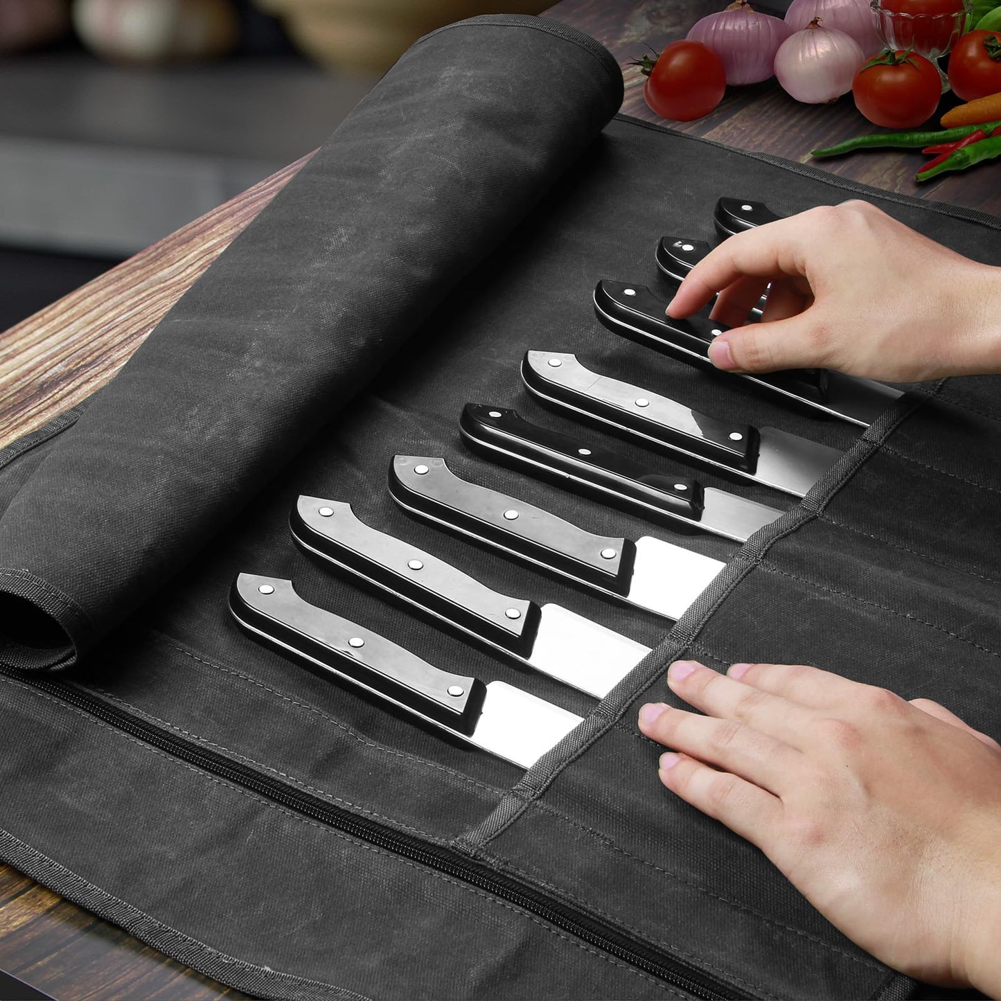 Chef Knife Roll Bag,Waxed Canvas Knife Travel Case,Heavy Duty Professional Knife Carrier Storage Holder with 10 Slots,Portable Kitchen Culinary Tool Organizer for Men,Fits up to 18.8”Knives.Black