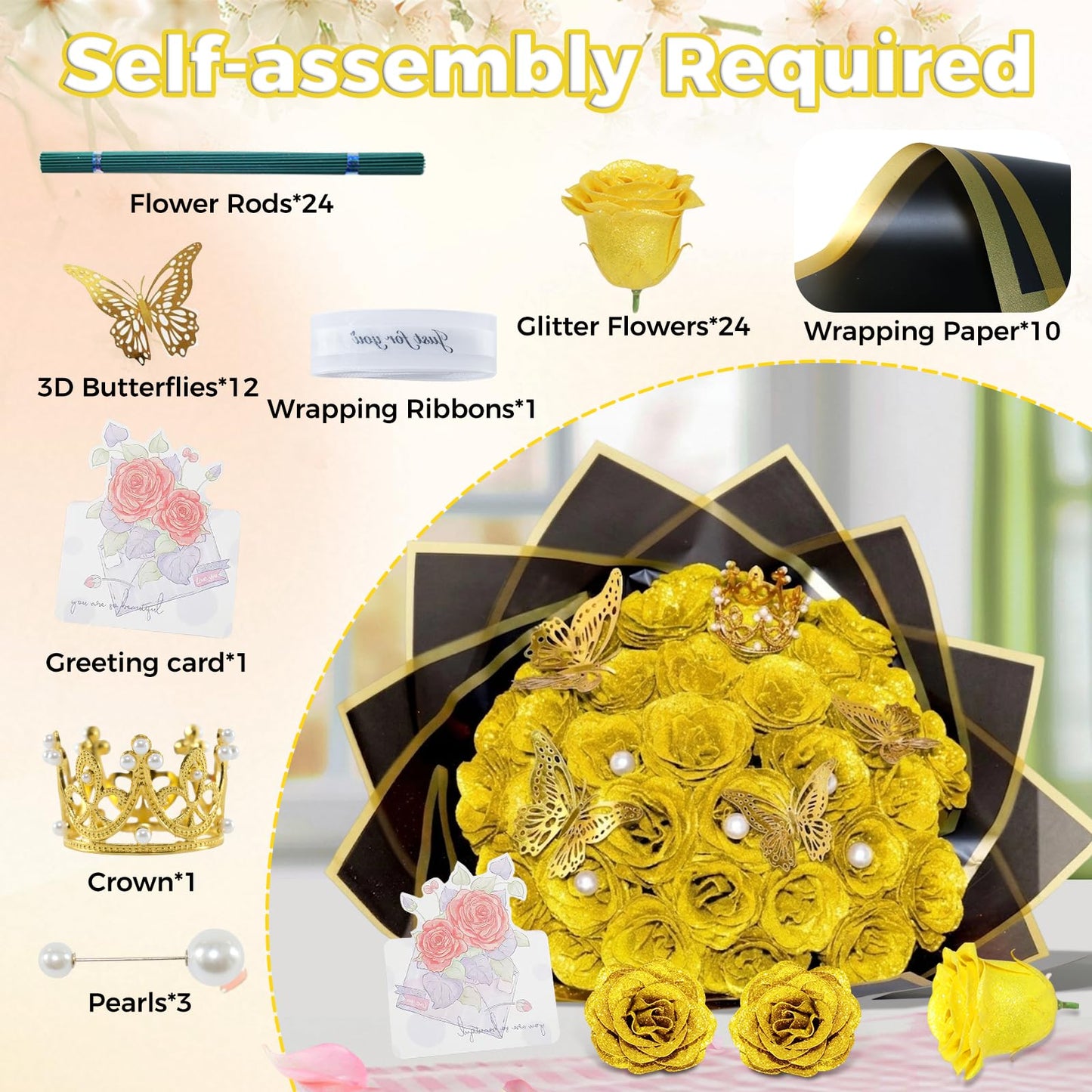 Yellow Glitter Roses Bouquet, 24 Pcs Shiny Glitter Flowers Bouquet, Everlasting Artificial Roses Bouquet for Mothers Day, Birthday, Anniversary, Wedding, Engagement, Christmas