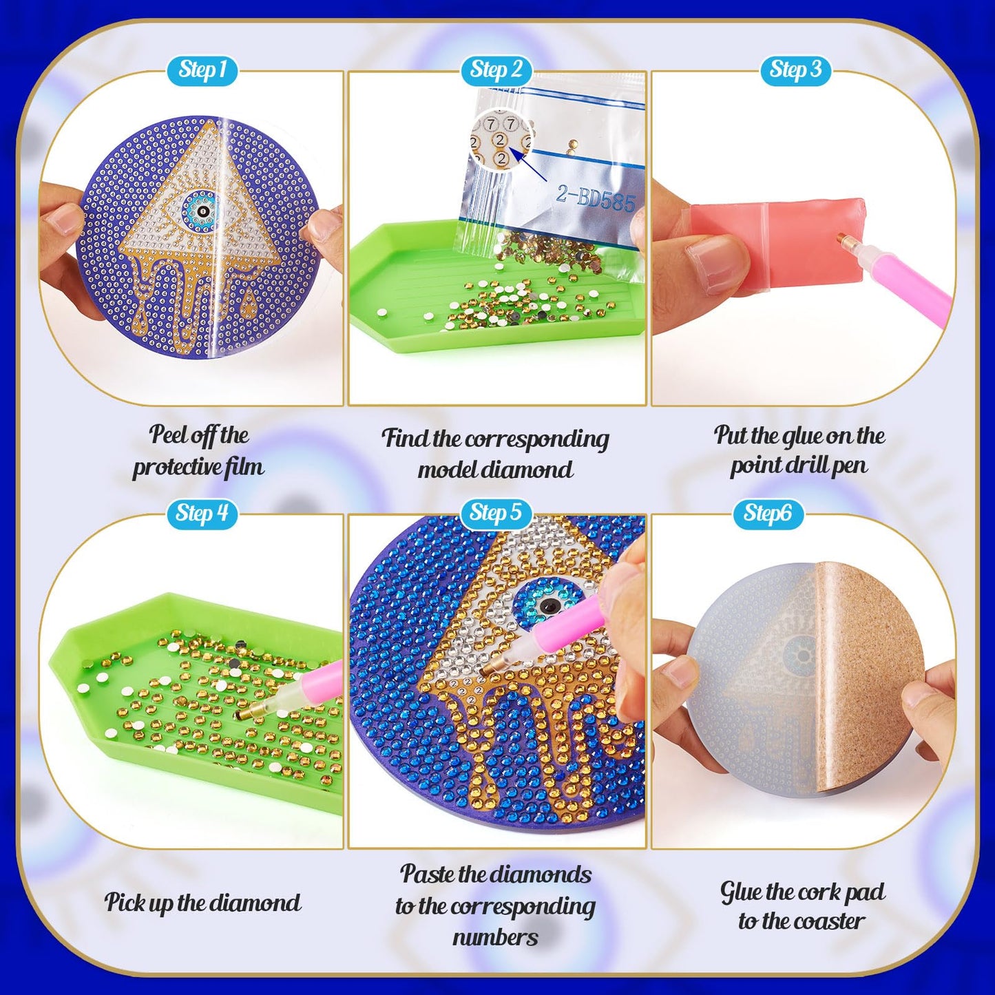 Cheriswelry 8Pcs Evil Eye Diamond Painting Coasters Set Bohemia Style Art Painting Coasters with Holder 5D DIY Diamond Painting Drink Mat Kits for Beginners Adults Kids DIY Coasters