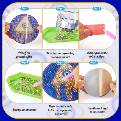 Cheriswelry 8Pcs Evil Eye Diamond Painting Coasters Set Bohemia Style Art Painting Coasters with Holder 5D DIY Diamond Painting Drink Mat Kits for Beginners Adults Kids DIY Coasters