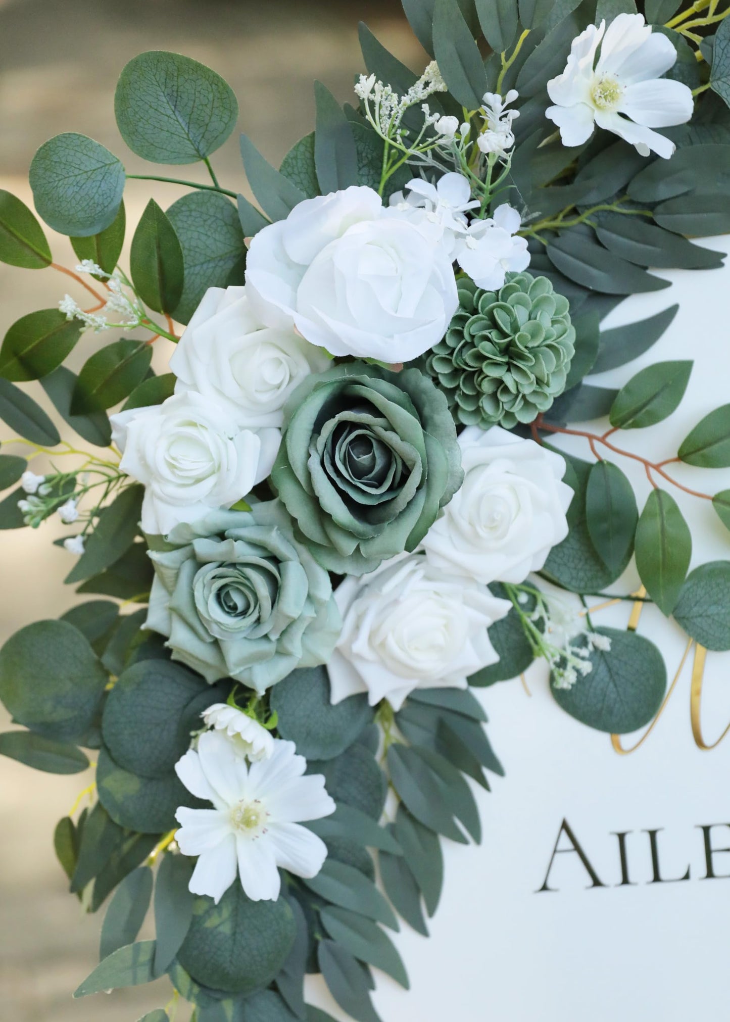Udoula Artificial Sage Green Wedding Arch Flowers Swags Set of 2 for Welcome Signs, Reception and Ceremony Decorations - White Floral Decor
