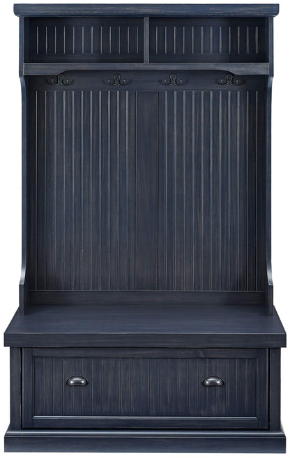 Crosley Furniture Seaside Hall Tree with Shoe Rack Bench and Coat Hooks for Hanging Storage, Distressed Navy