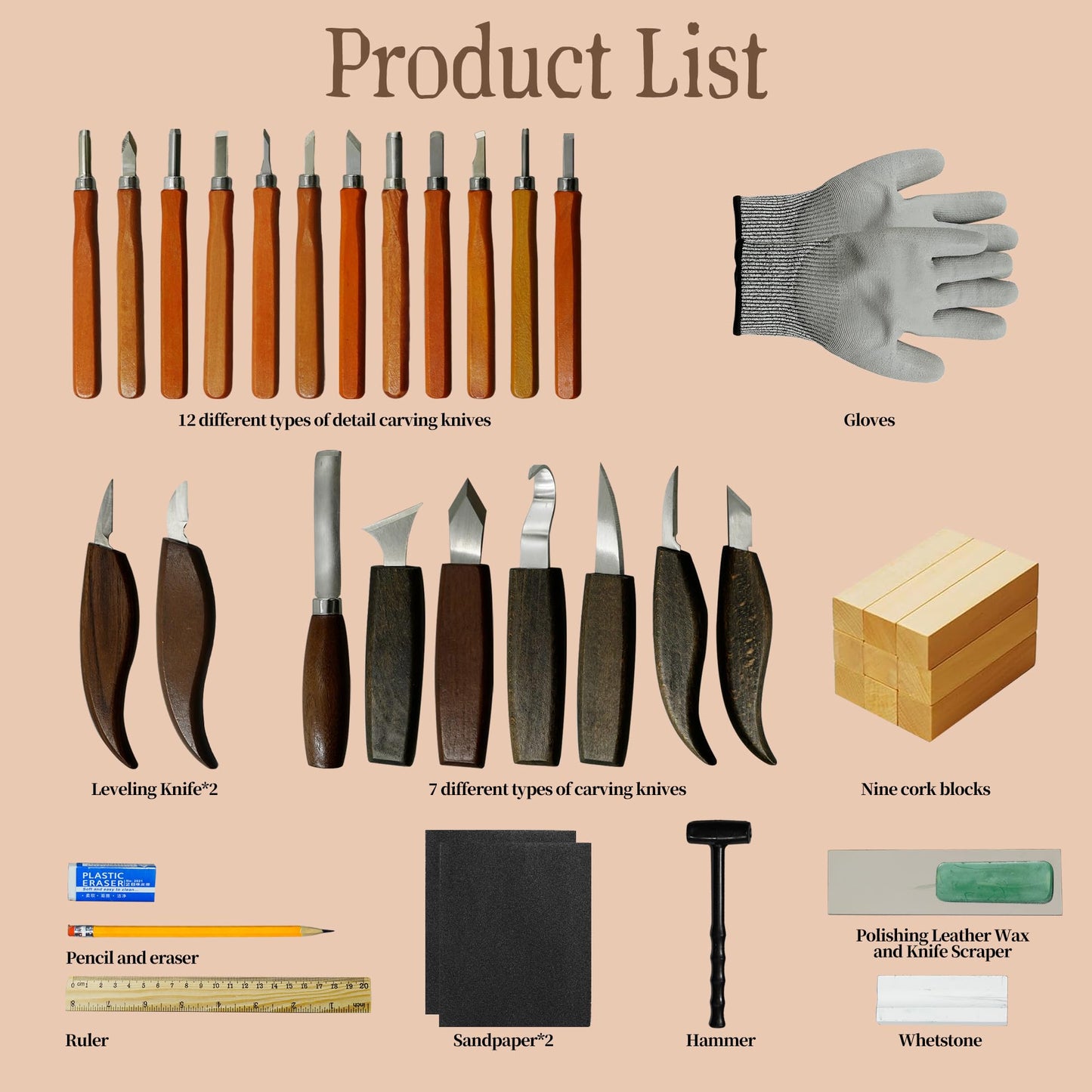 EDIETH 44Pcs Wood Carving Kit with Leather Case Complete Whittling Tool Set Includes Chisels, Knives, Gloves & Sharpening Stone for Beginners DIY Enthusiasts
