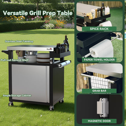 Stanbroil Rolling Grill Table Cart with Storage Cabinet, 3-Shelf Movable Prep Table Outdoor Bar, Multifunctional Grill Cart with Stainless Steel Tabletop, Paper Towel Holder