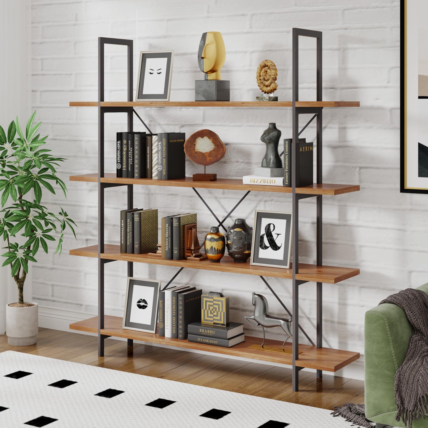 Christopher Knight Home Ebany 4 Tier Bookshelf, Industrial Large Bookcase, Open Display Shelf, Corner Shelf, Metal Frame Book Organizer, Wide Rectangular Storage for Home Living Room, Antique Black