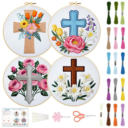 BEUNITONE Cross and Flowers Embroidery Kit for Beginners, DIY Stamped Needlepoint Craft with 4 Easy Patterns, Complete Starter Set for Relaxing Mindfulness Art and Creative Gift for Adults