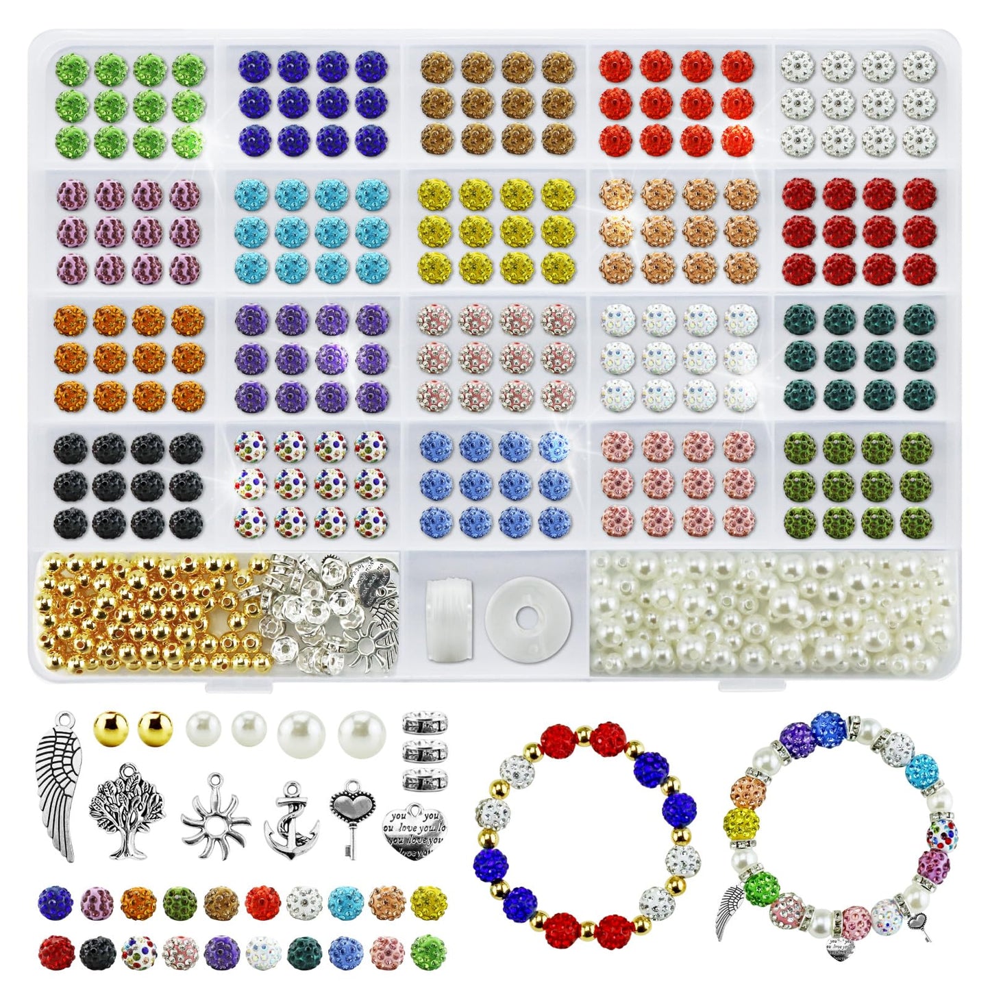 YETOOME 10mm Rhinestone Beads Set, 20 Colors Round Sparkle Crystal Clay Bead Kit with Charms, Sparkly Disco Ball Beads for Bracelets Necklaces Earrings Keychains DIY Crafting, 408 Pieces