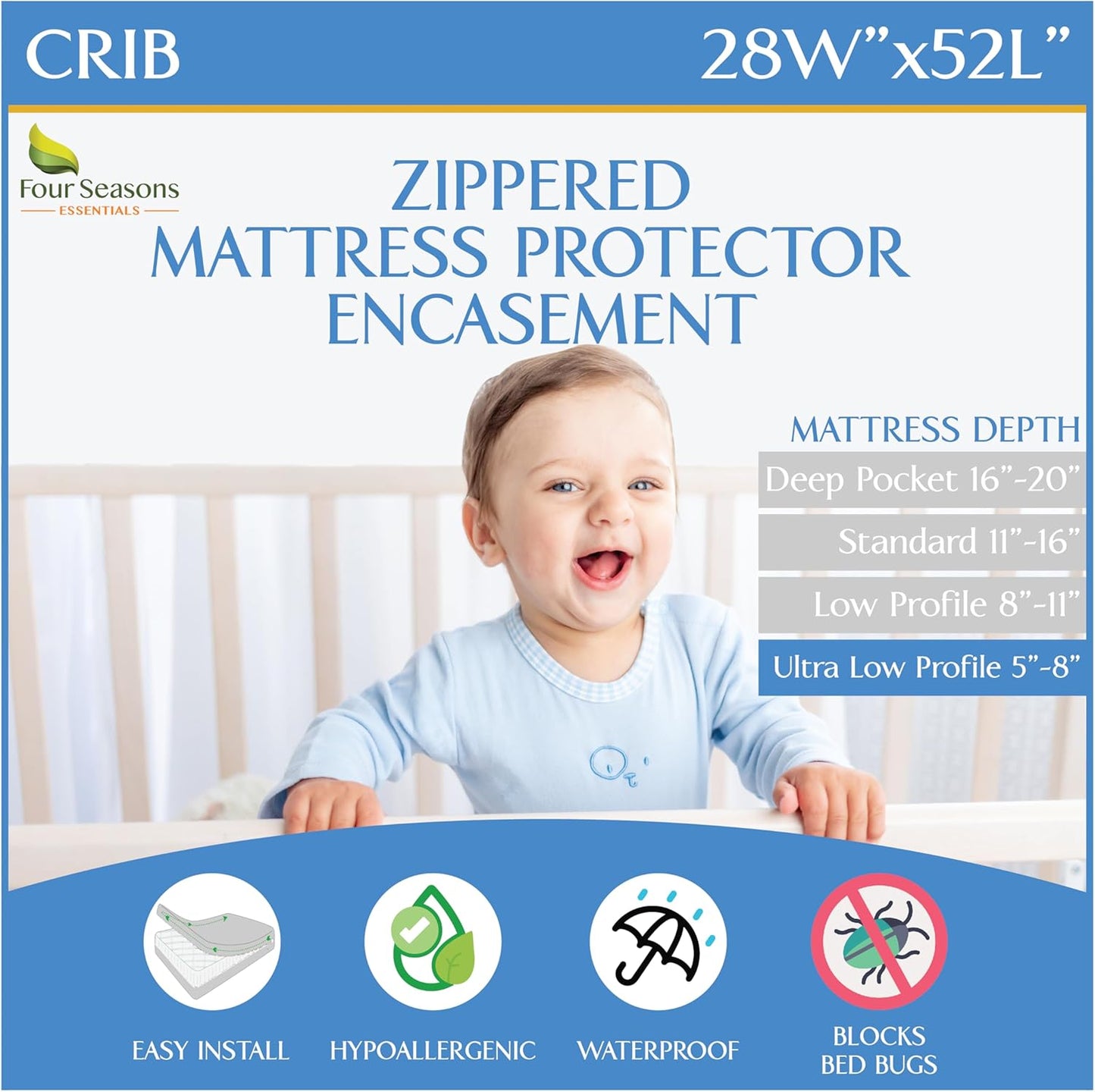 28x52x6) Crib Mattress Protector Waterproof - Zippered Encasement Cover for Baby, Toddler (Crib Size - White