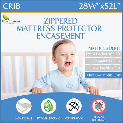28x52x6) Crib Mattress Protector Waterproof - Zippered Encasement Cover for Baby, Toddler (Crib Size - White