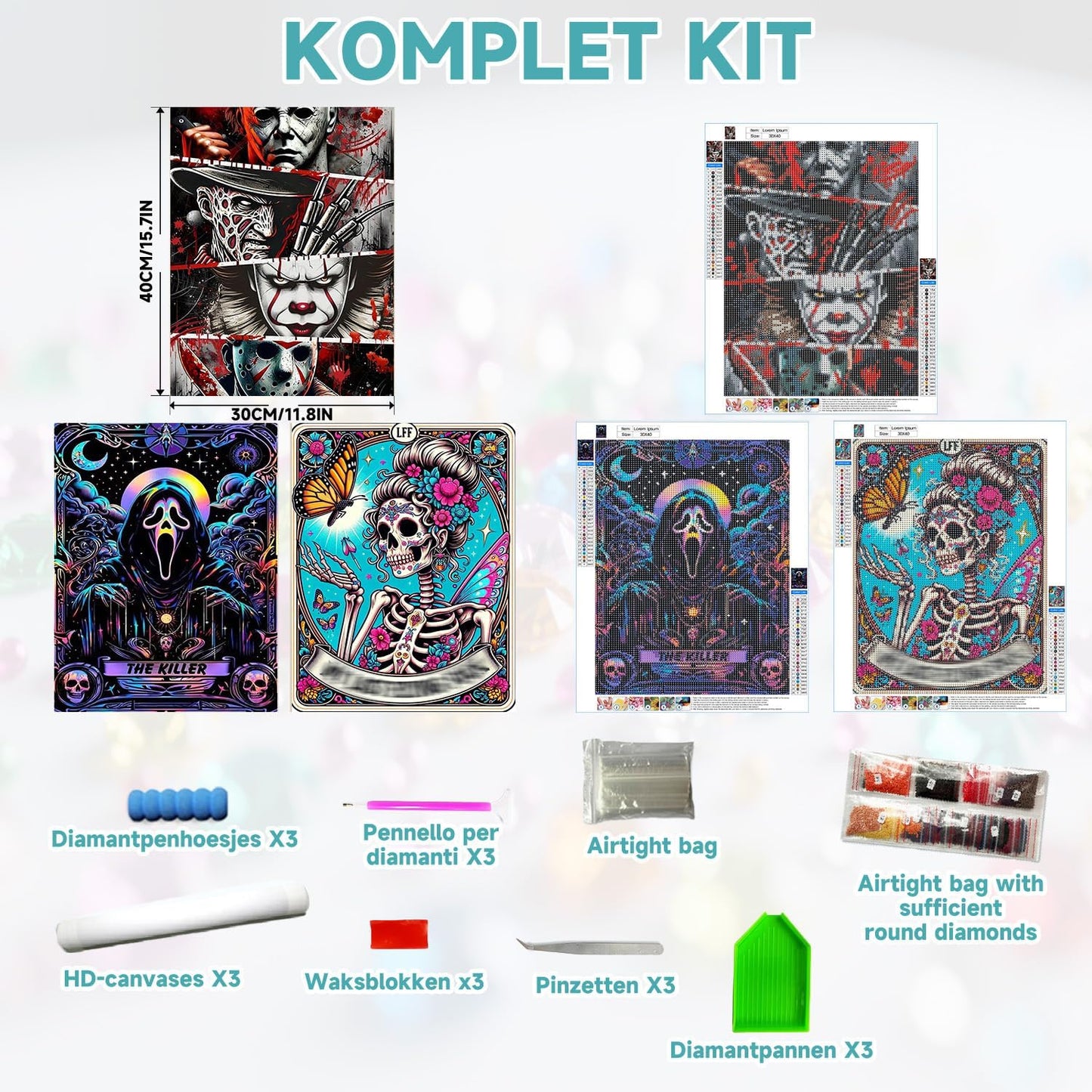 WEMEON 3 Pack Halloween Diamond Painting Kits for Adults Beginners- 3 Pack Skeleton Diamond Art Kits for Adults, DIY 5D Gem Art Kits for Gift Home Wall Decor Gifts(12x16inch)