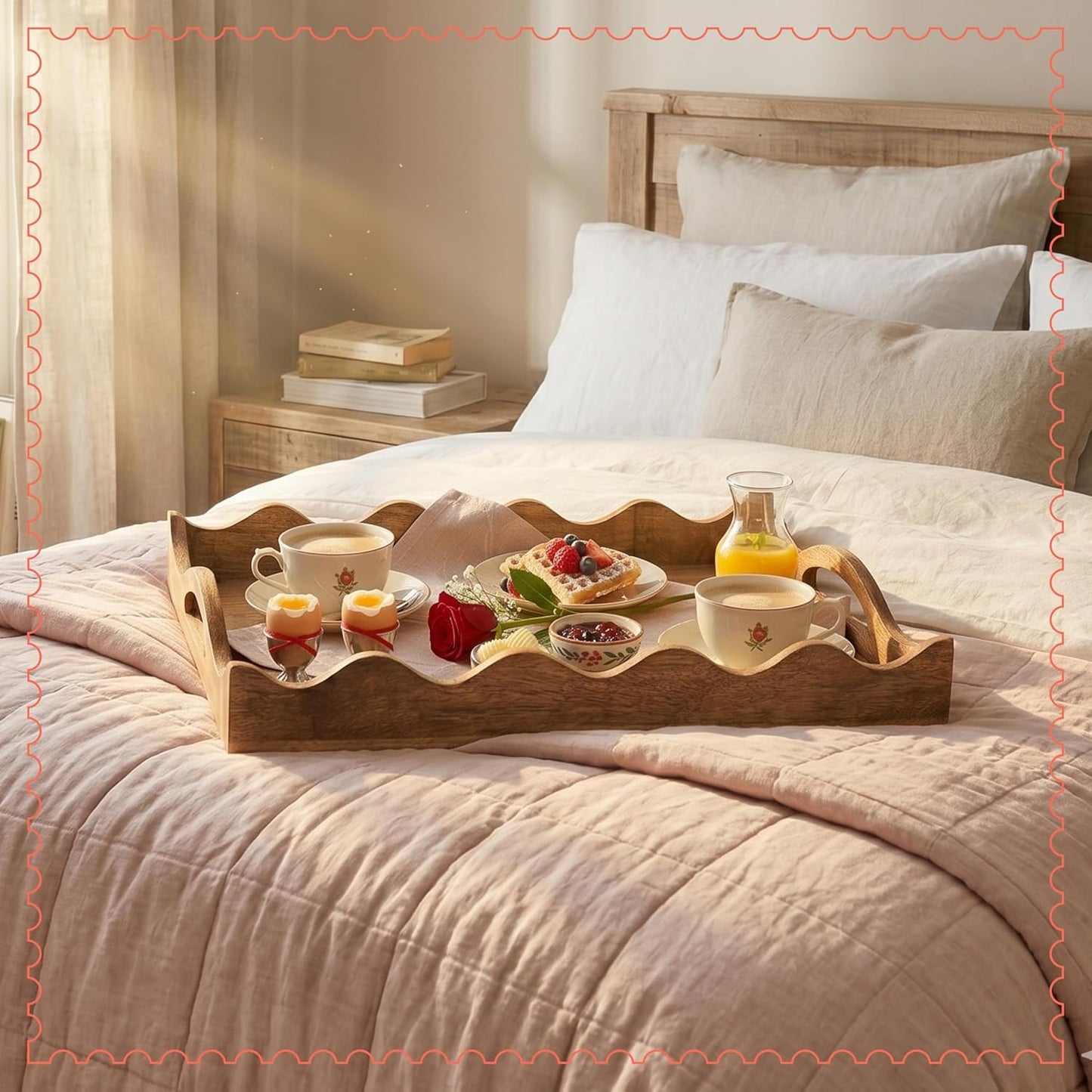 16" 12 2.5 Mela Artisans Ottoman Wooden Serving Tray | Large, Scallop White Burnt | Decorative Mango Wood | Serve