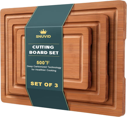 Snuvid Set 3, Bamboo Cutting Board of Wood Cutting Boards for Kitchen with Juice Grooves, Durable Chopping Board