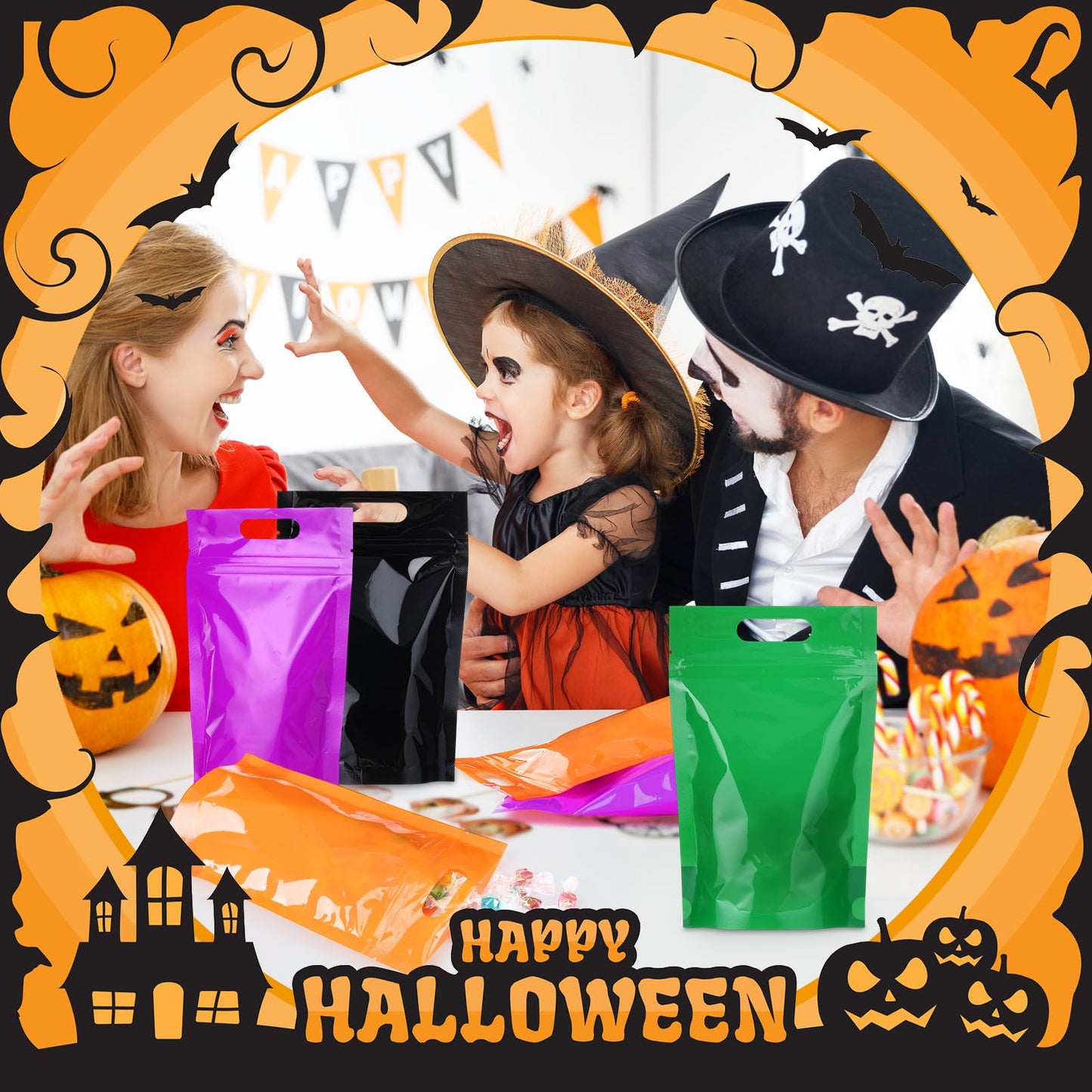 TaoBary 100 Pcs Halloween Resealable Treat Snack Candy Bags with Handle Halloween Plastic Goodie Bags Pouches with Window for Parties Gift Wrapping Supplies Small Business Cookies