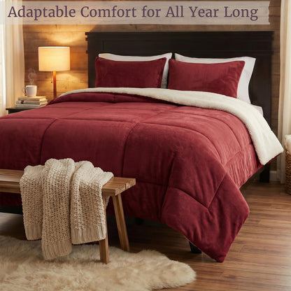 Lavish Home 3 Piece Sherpa/Fleece Comforter Set, King, Burgandy