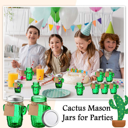 Maxcheck 24 Sets 3oz Cactus Mason Jars Shot Glasses with 24pcs Shot Glasses 24pcs Silver Lids 30pcs Straw, Glass Cactus Decor Favor Jars for Weddings, Decoration Parties DIY Drink Dessert Candle Craft