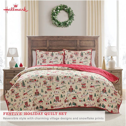 Hallmark King Size 3-Piece Holiday Quilt Set with Shams | Reversible Quilt with 2 Christmas Patterns | Lightweight & Cozy | Super Soft Microfiber Fabric | Wrinkle-Resistant | Multi Christmas Village