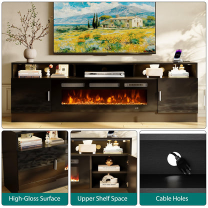 OneBlis 80" Fireplace TV Stand with Power Outlet for TVs UP to 90", Electric Fireplace Entertainment Center with LED Lights & Storage Cabinets, TV Console for Living Room, Office, Black-Black