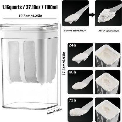 Yogurt Strainer—[1.16QT/0.29GAL] Total & [0.55QT/0.1375GAL] Filter, Greek Yogurt Strainer Yogurt Press, BPA-Free PP Strainer for Whey Separation & Greek Yogurt Maker(Total1.16QT)