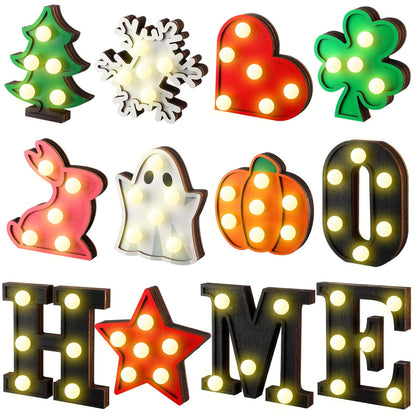 Aurelema Interchangeable Home Table Signs with 8 Pcs Seasonal Icons Wooden "home" Letter Signs with LED Marquee Light up 4th of July Table Decorations Decorative Centerpiece for Room Decoration