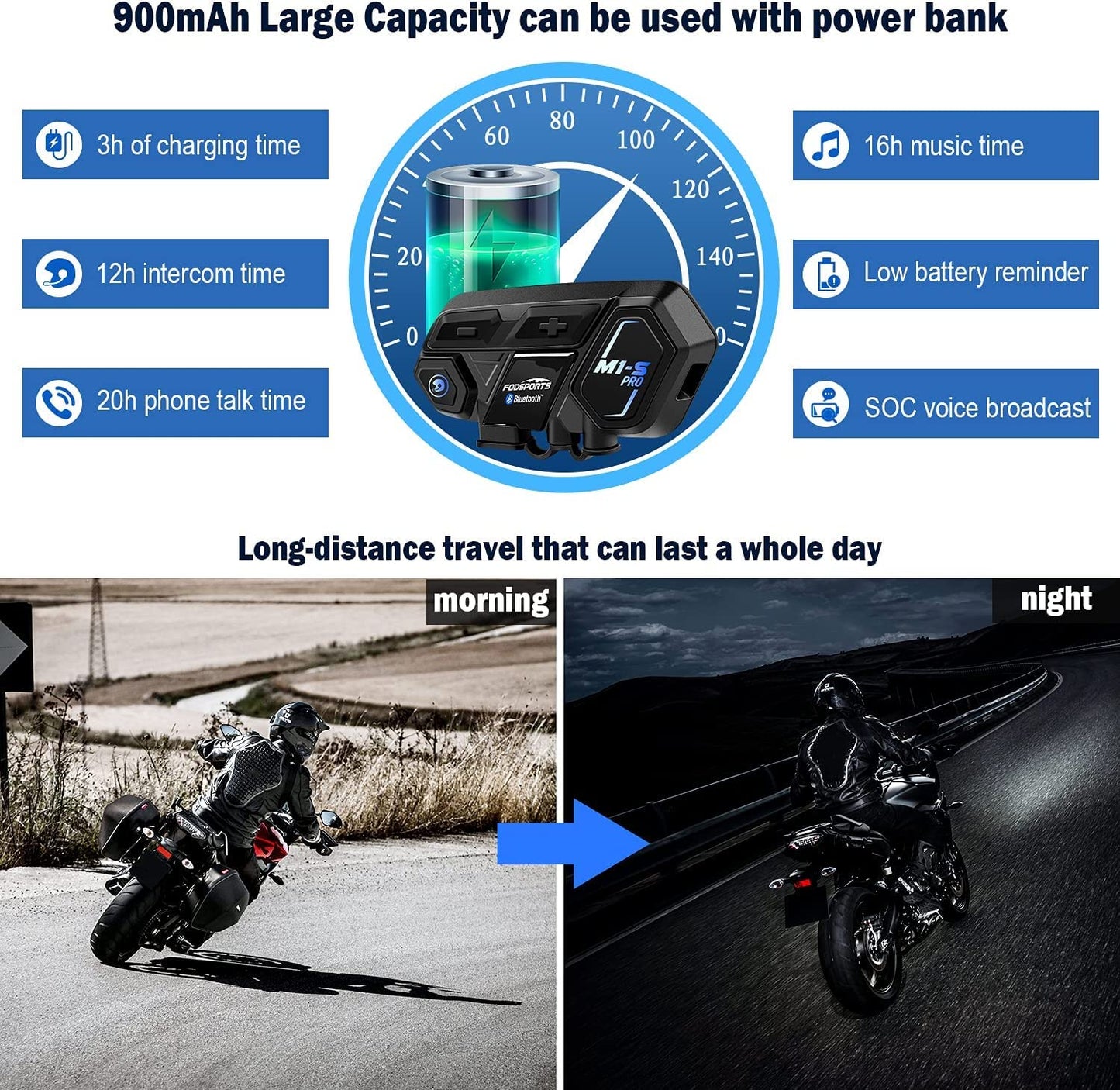 Fodsports Motorcycle Bluetooth Intercom with Music Sharing, M1S Pro 2000m 8 Riders Group Helmet Communication System Headset Universal Interphone (Waterproof/Handsfree/Stereo Music/GPS/2 Pack)
