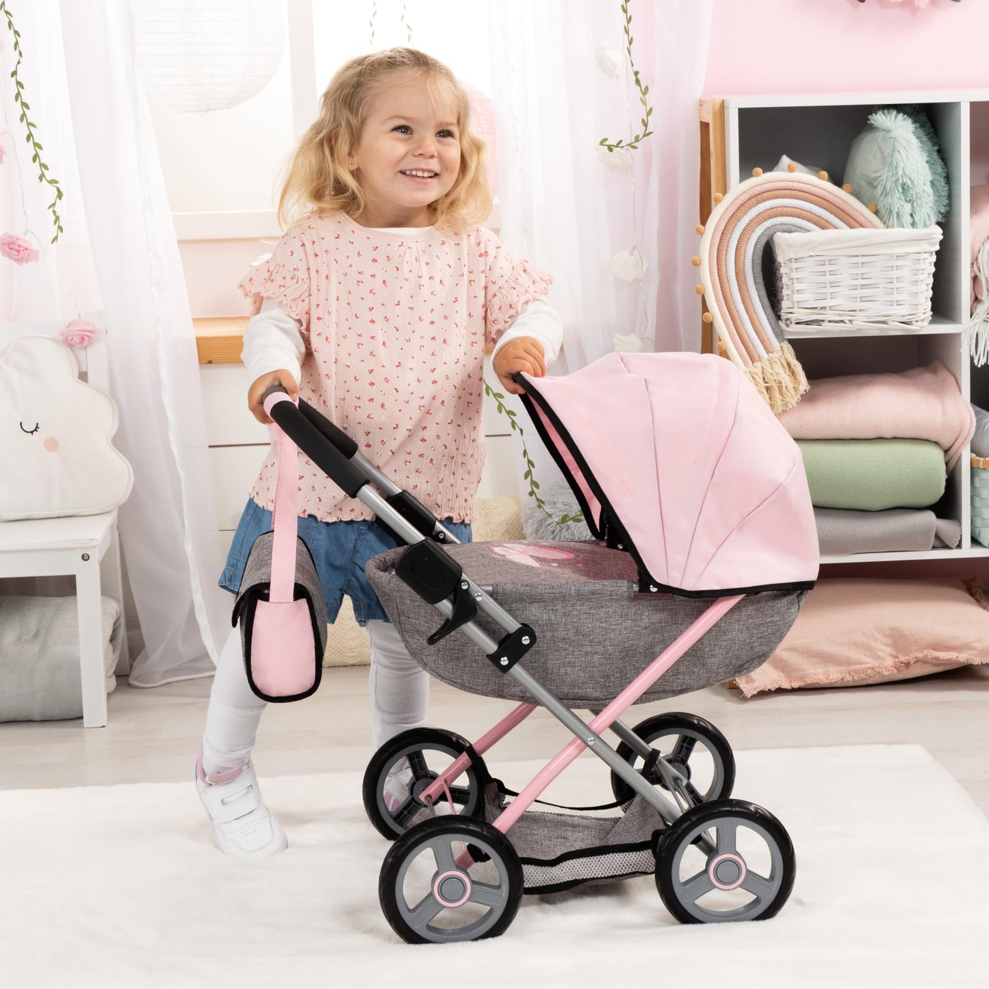 Bayer Baby Doll Stroller Toy Set with Accessories - Pink/Grey Pretend Play Carriage for Toddlers & Kids up to 18 Inch Dolls