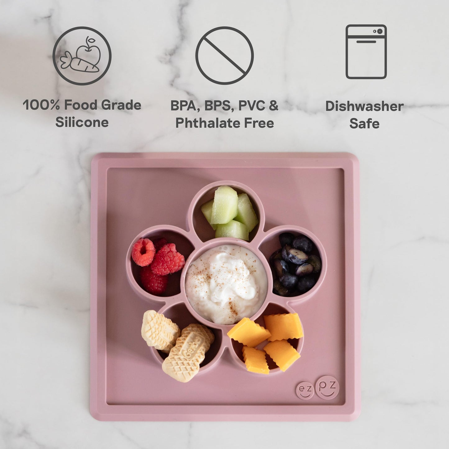 ezpz Mini Play Mat for Baby + Toddler (Blush) - 6 Months+ - Suction Plate with Flower Compartments for Crafts, Painting, Sorting, Snack Time - Promotes Pincer Grip