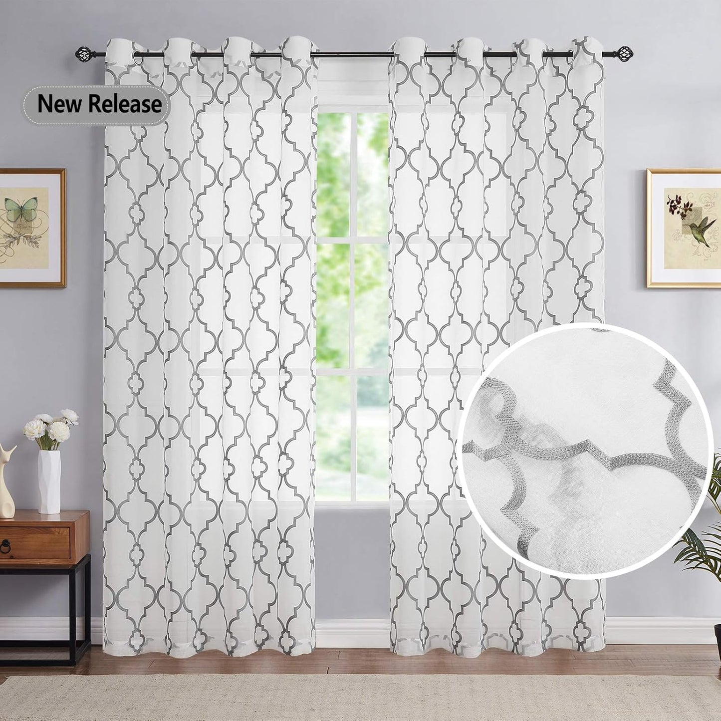 Moroccan Embroidered Semi Sheer Curtains, 108" Long Linen Textured Grey White Geometric Drapes for Living Room