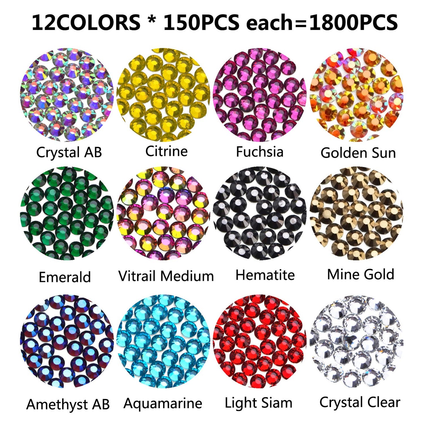 1800Pcs Hot Fix Glass Flatback Rhinestones HotFix Round Crystal Gems 5MM (12 Mixed Colors, 5mm SS20)