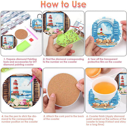8 PCS Diamond Art Coasters Kits Lighthouse Diamond Painting Coaster Kits Diamond Coasters with Holder Cork Pads Gem Art Dots Paintings Crafts Supplies for Adults Beginners