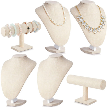 Huquary 6 Pcs Jewelry Display Set Necklace Display Stand T Bar Bracelet Holder Jewelry Bust for Home Store Trade Show(Linen)