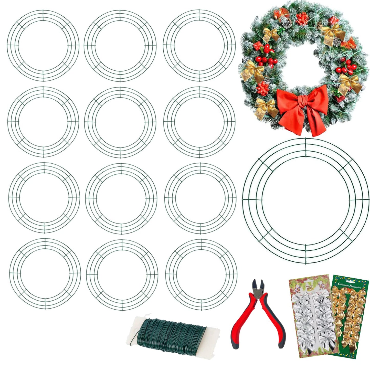 14 Pieces Christmas Wire Wreath Frame(16Inch), ENLAYER Metal Frame Dark Green Round Wreath with 12 Golden Bow Tie,12 Silver Bow Tie,1 Wire Pliers and 115FT 22 Gauge Paddle Wire for Crafts