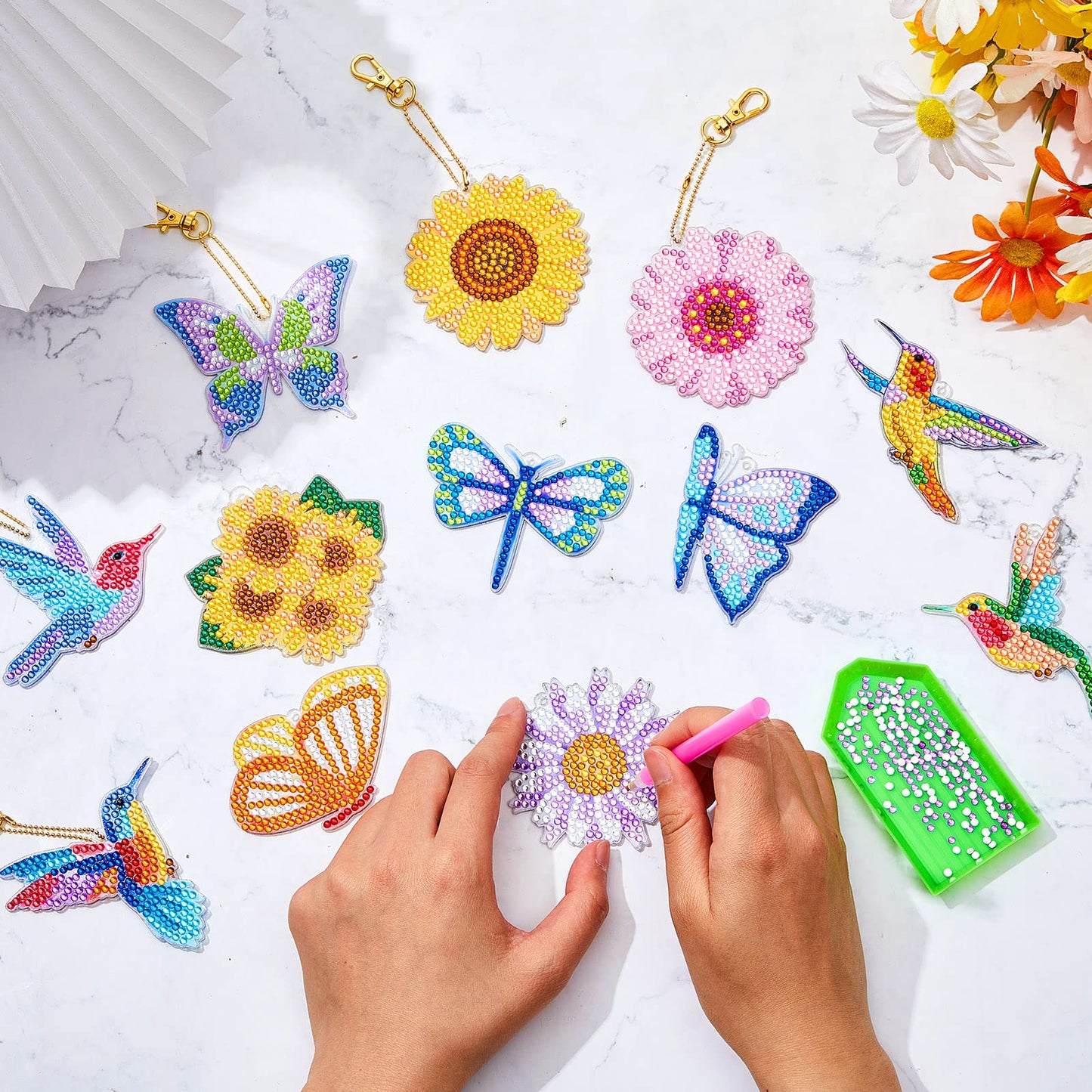 Junkin 24 Pcs Diamond Art Keychains 5D Double Side Diamond Painting Keychains Kit Hanging Full Drill Diamonds Pendants for Beginner Adult DIY Crafts Home Party Decor