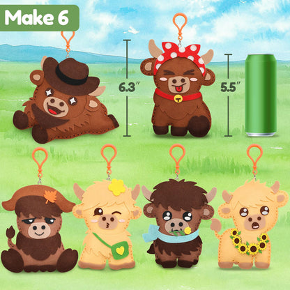 CiyvoLyeen Highland Cow Sewing Kit for Kids - Age 5 6 7 8 9 10 11 12, Beginners First Sewing Arts & Crafts with 6 PCS Stuffed Animal, All-in-One Kit, Learn to Sew Gifts Stuff for Girls Boys, Felt