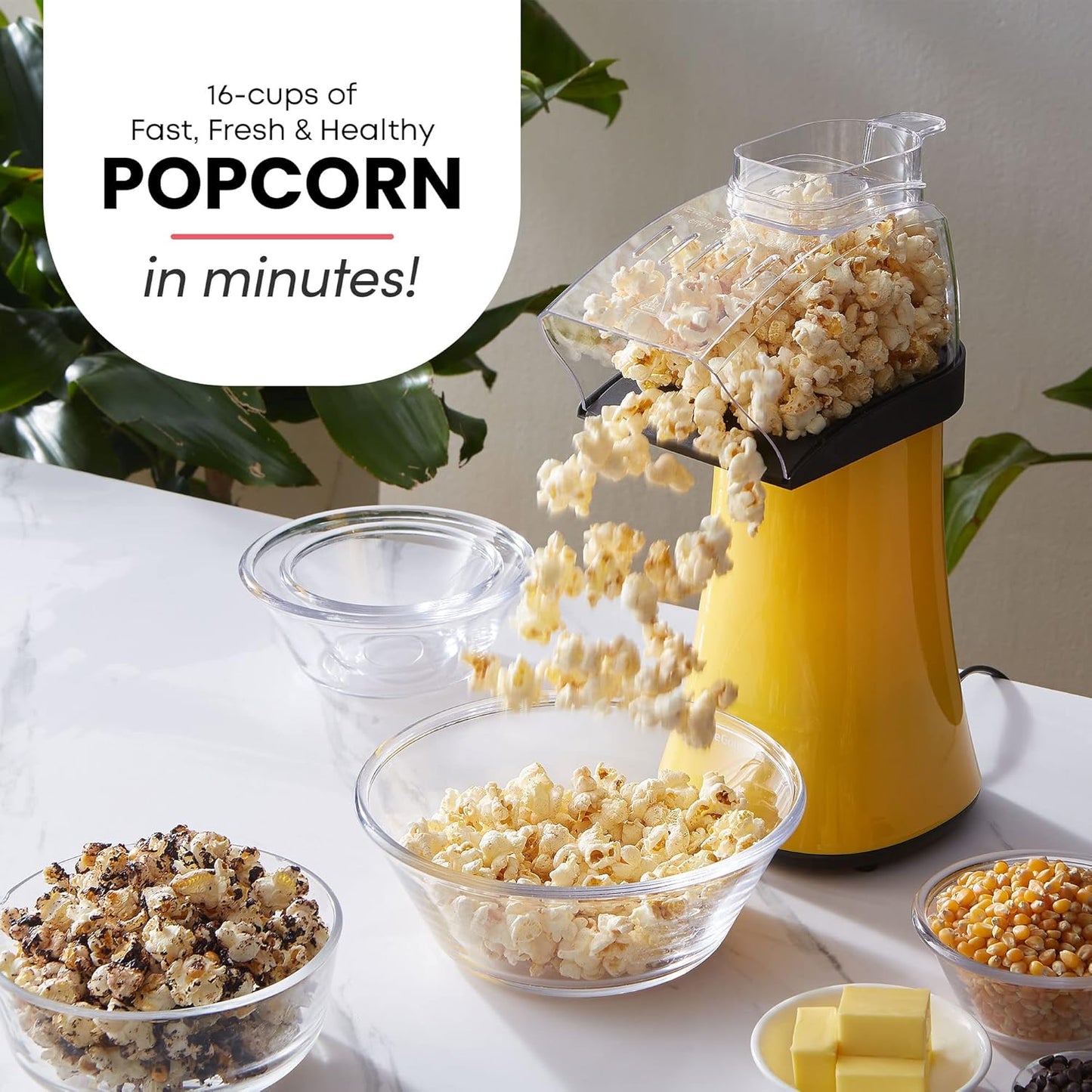 Elite Gourmet Fast Hot Air Popcorn Popper, 1300W Electric Maker with Measuring Cup & Butter Tray